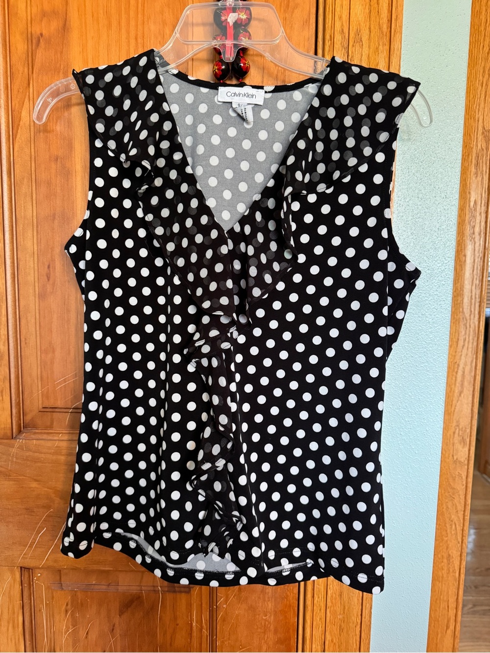 Calvin Klein Black & White Polka Dot Ruffle V-Neck Camisole
